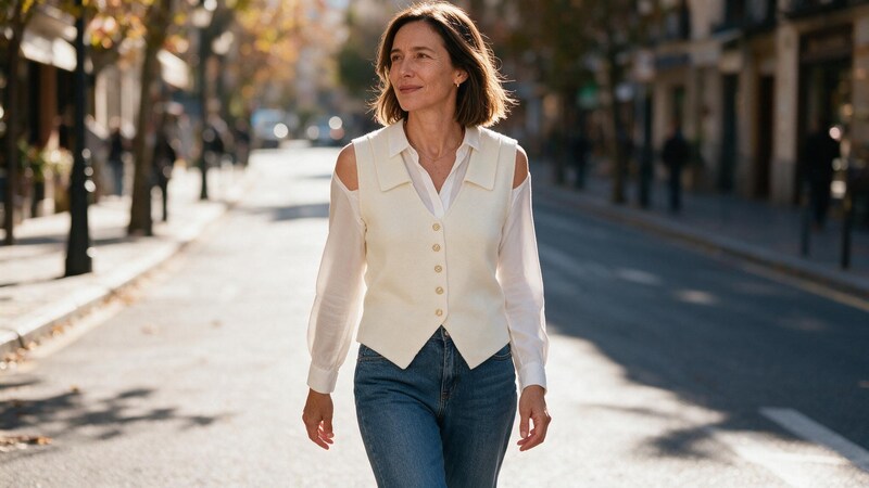 Mujer con chaleco de punto crudo sobre camisa blanca y vaqueros – Margot et Claire