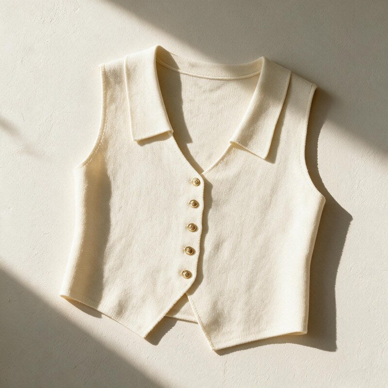 Chaleco de punto Colette en color crudo, presentado en plano, detalle del tejido – Margot et Claire