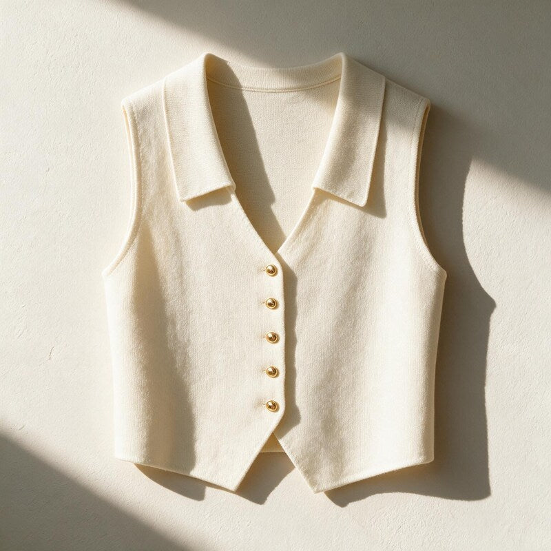 Chaleco de punto Colette en color crudo visto de frente, cuello de solapa y escote en pico – Margot et Claire