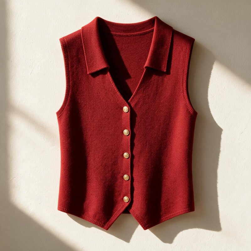 Chaleco de punto Noémie en color rojo visto de frente, cuello de solapa y escote en pico – Margot et Claire