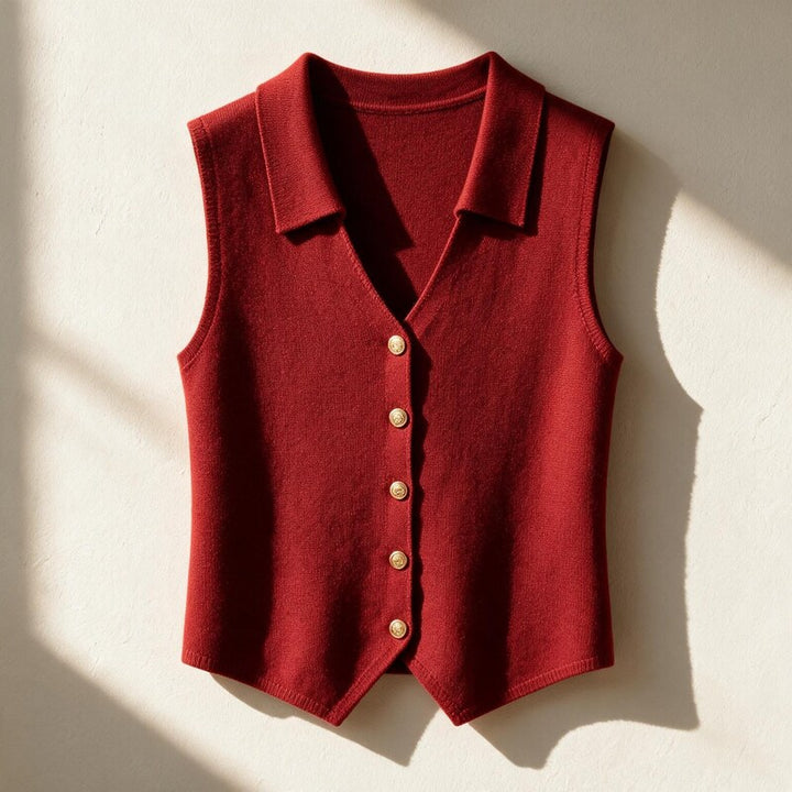 Chaleco de punto Noémie en color rojo visto de frente, cuello de solapa y escote en pico – Margot et Claire