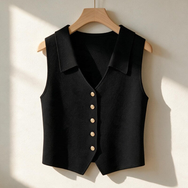 Chaleco de punto Vivienne en color negro, colgado en una percha, vista frontal – Margot et Claire