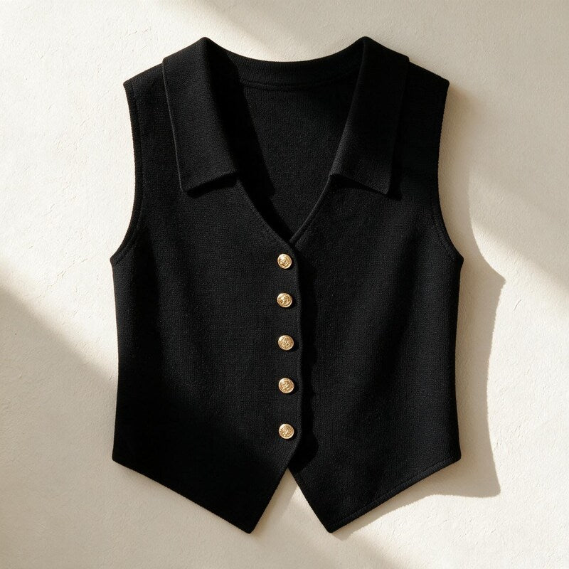 Chaleco de punto Vivienne en color negro, presentado en plano, detalle del tejido – Margot et Claire